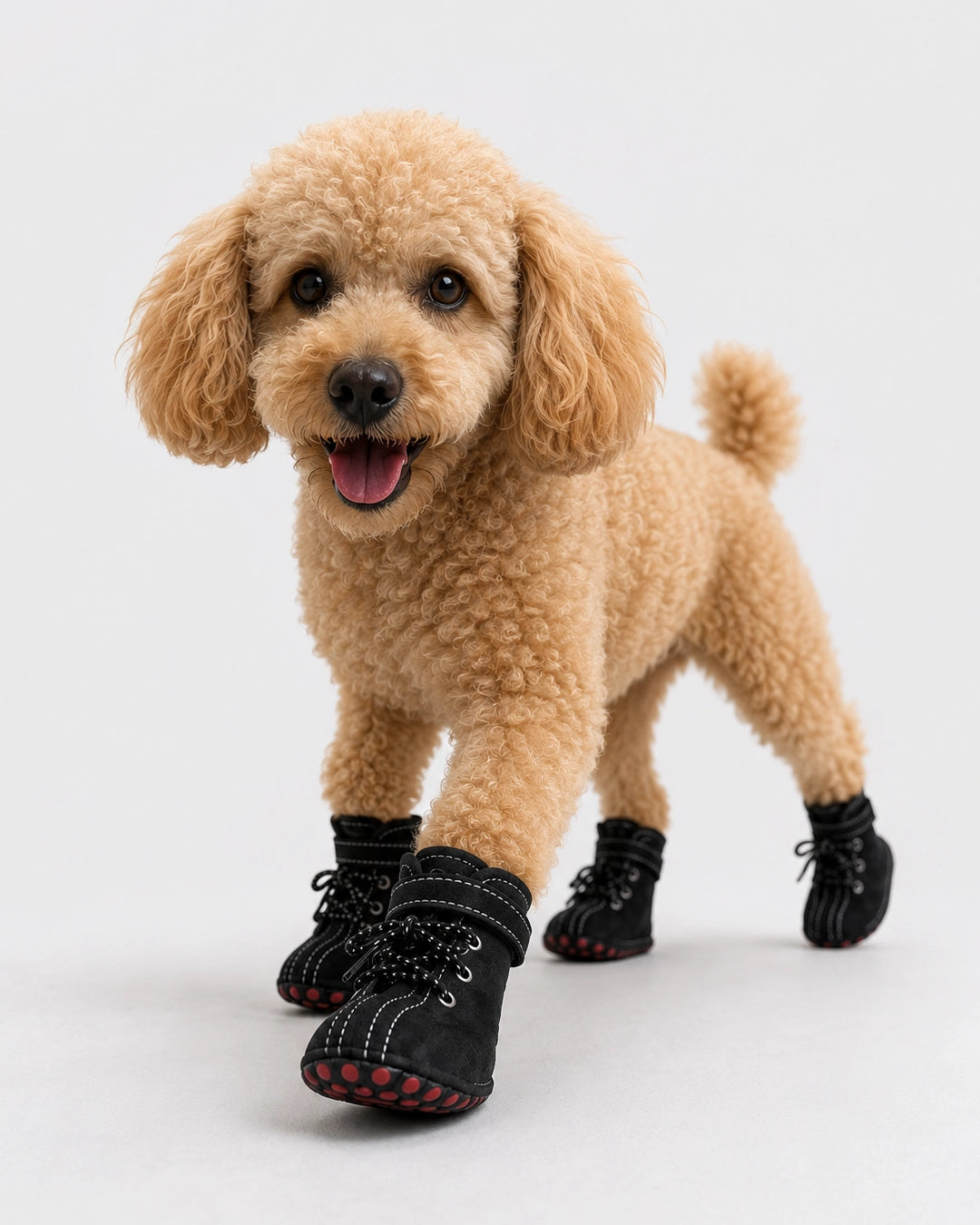 Small dog wearing black dog boots on a white background