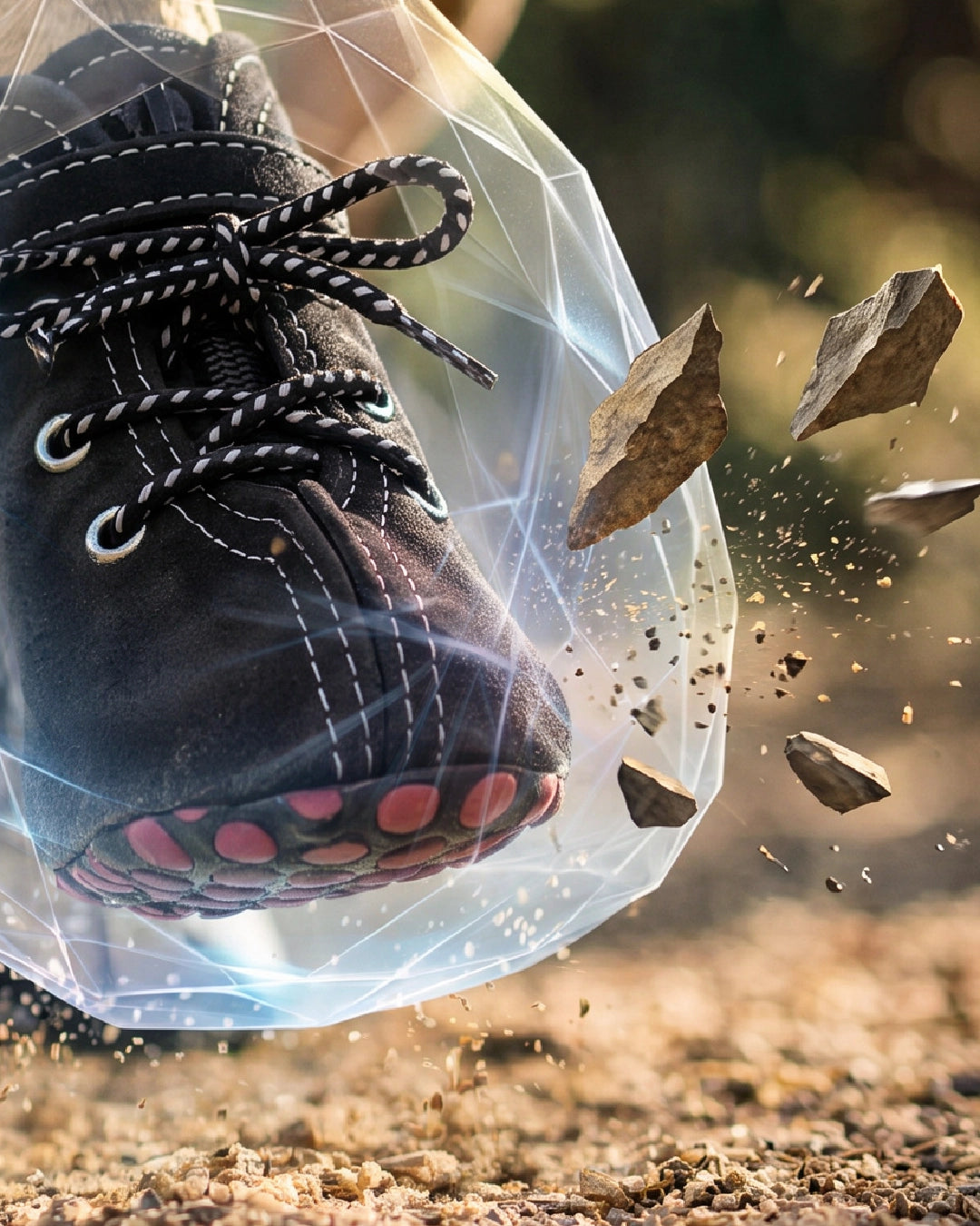 Black boot with pink sole on a transparent bubble against a natural background