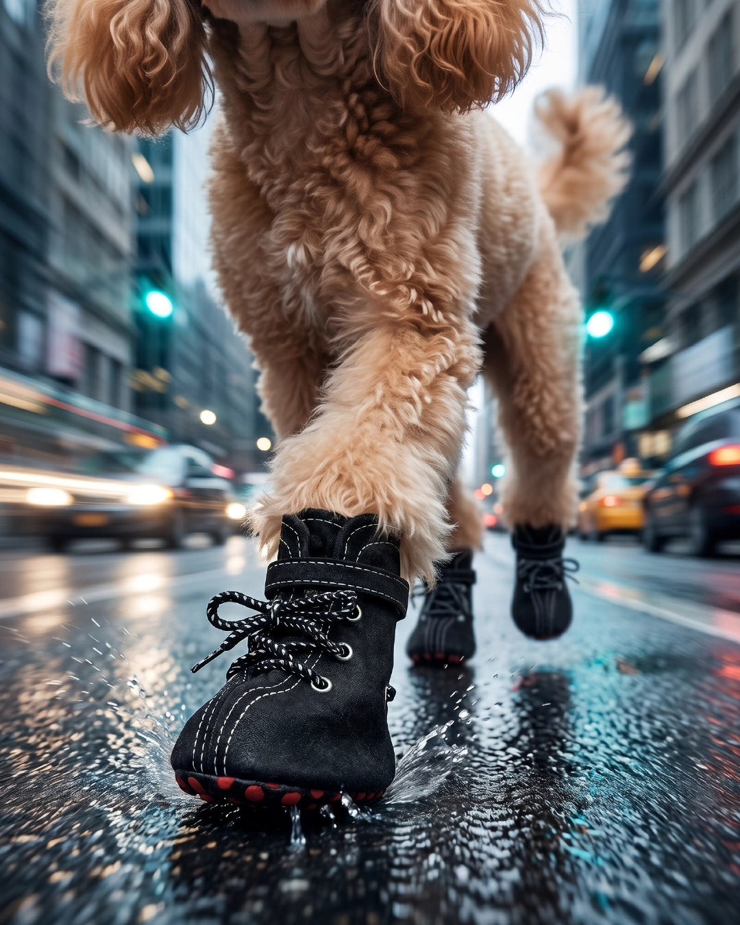Poodle wearing black boots on a city street